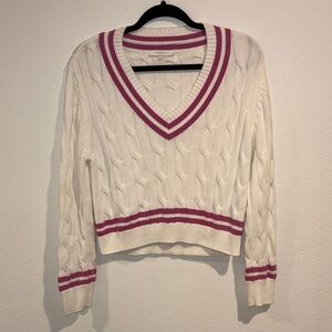 Olivaceous V-Neck Sweater - White with Pink Trim